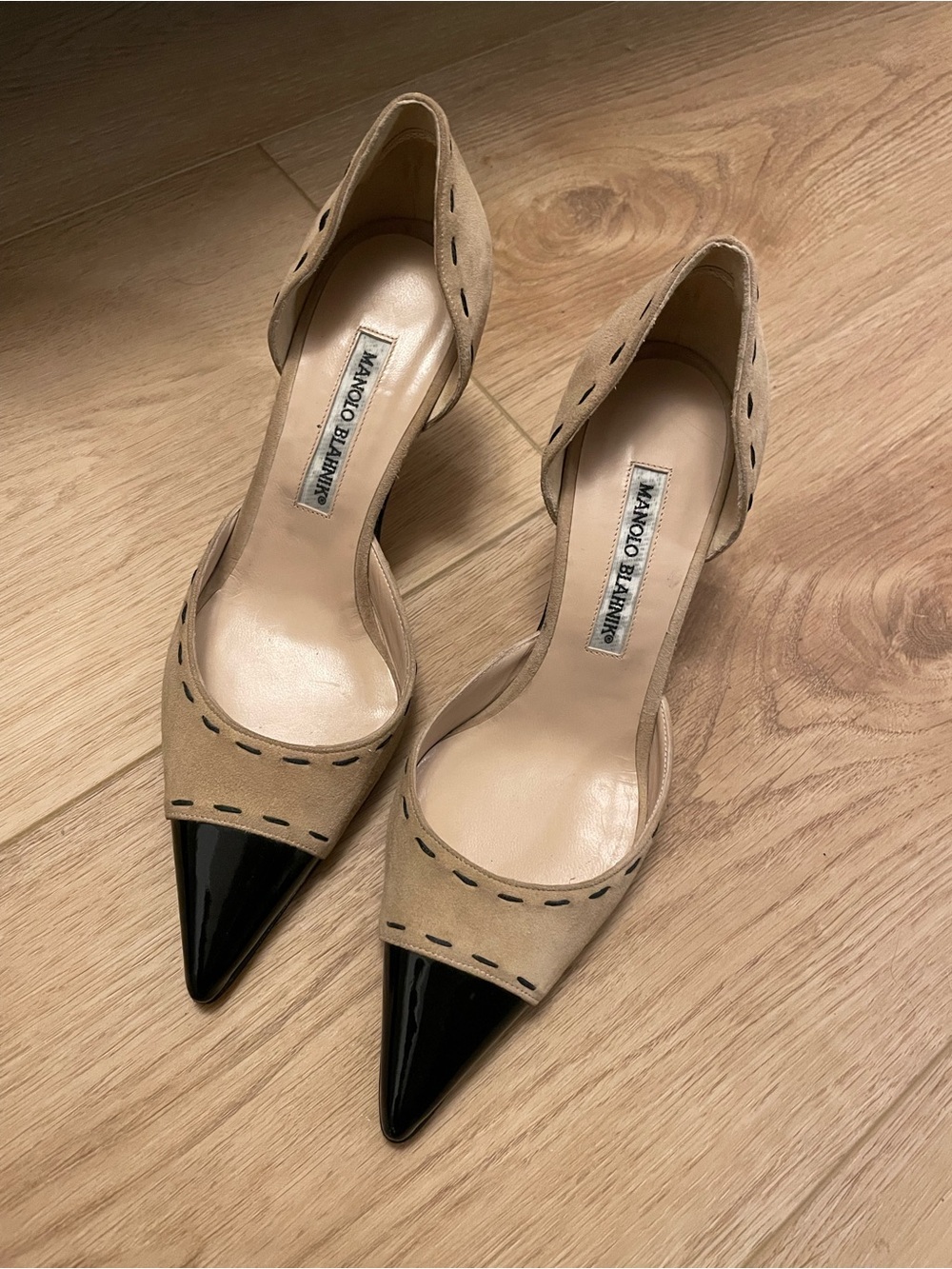 Manolo Blahnik Beige Suede Pumps with Black Patent Pointed Toes